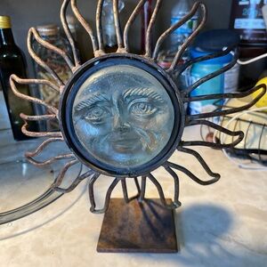 Vintage Celestial Glass Sun Face Votive Candle Holder Metal Stand whimsical